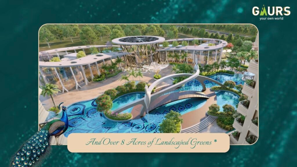 Aerial view of a modern resort with circular walkways, lush trees, and a winding blue pool; a peacock stands in the foreground.