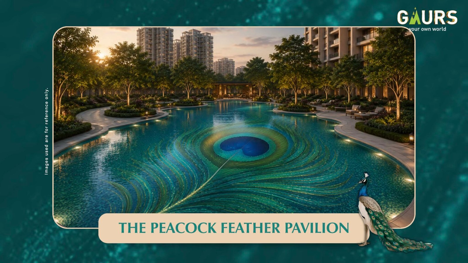 Luxurious pool courtyard of a residential complex with curved waterways, lush trees, and high-rise buildings in the background, plus a peacock on the deck edge.