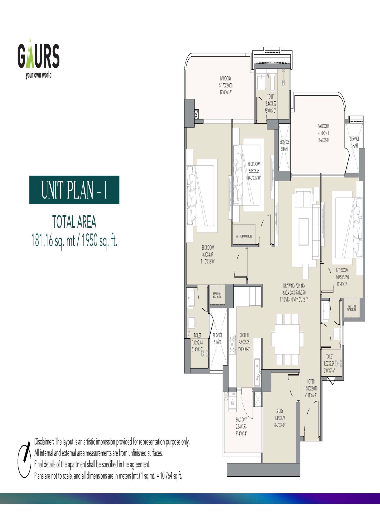 Unit Plan 1 floor plan showing rooms, balconies, and measurements; total area 181.16 sq m (1950 sq ft).