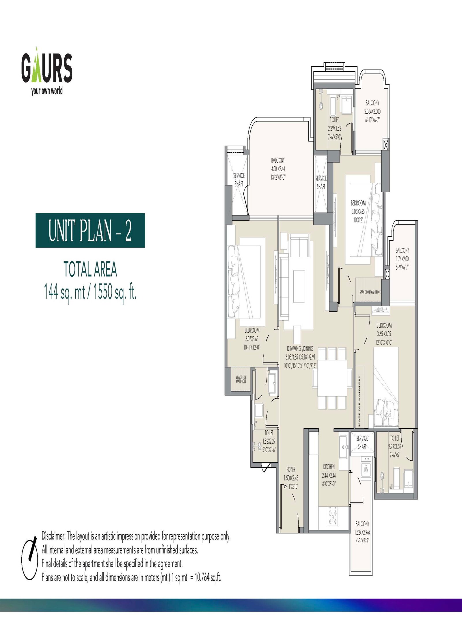 Unit Plan 2: floor plan of an apartment with bedrooms, living/dining, kitchen and balconies; total area 144 sq m (1550 sq ft).