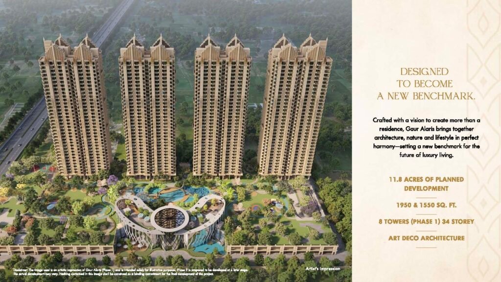 Aerial view of a luxury residential complex with four beige towers around a circular clubhouse and landscaped gardens; ad text panel on the right.