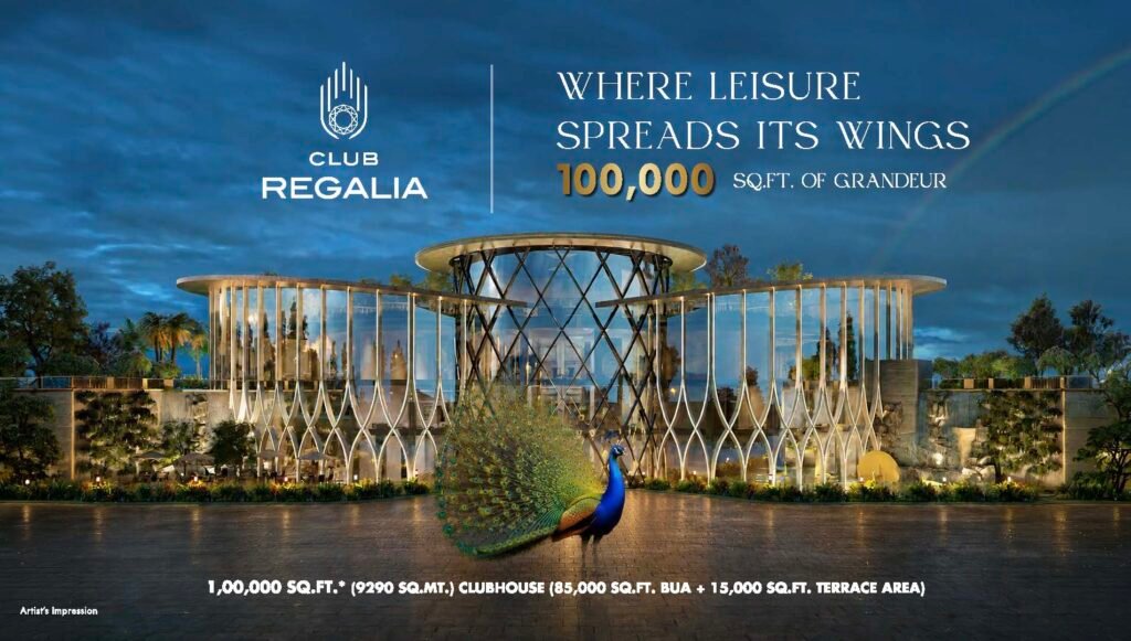 Promotional image for Club Regalia featuring a modern glass pavilion and a peacock statue in the foreground against a blue evening sky.