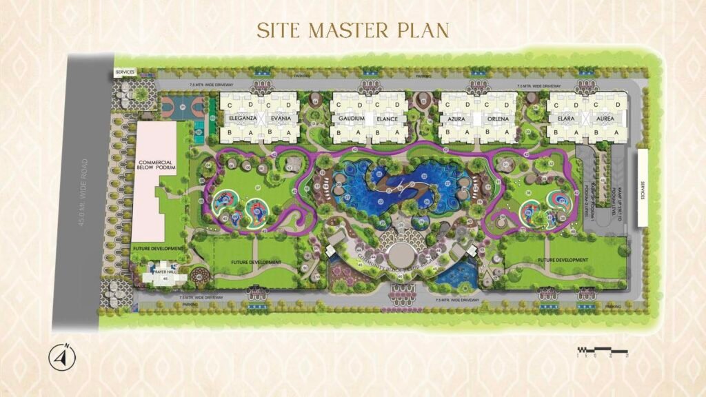 A colorful site plan of a residential development showing clustered buildings, green landscaping, a winding purple pathway, a large central water feature, surrounding parking, and future development zones.