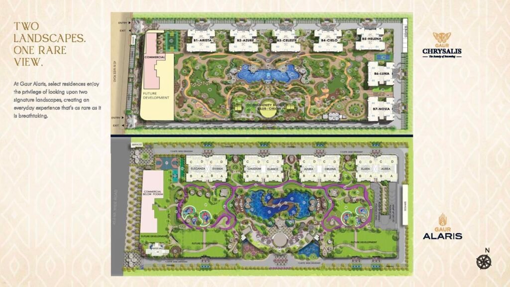 Bird’s-eye view map of a two-tier residential community showing labeled blocks, gardens, and a central water feature with future development areas.