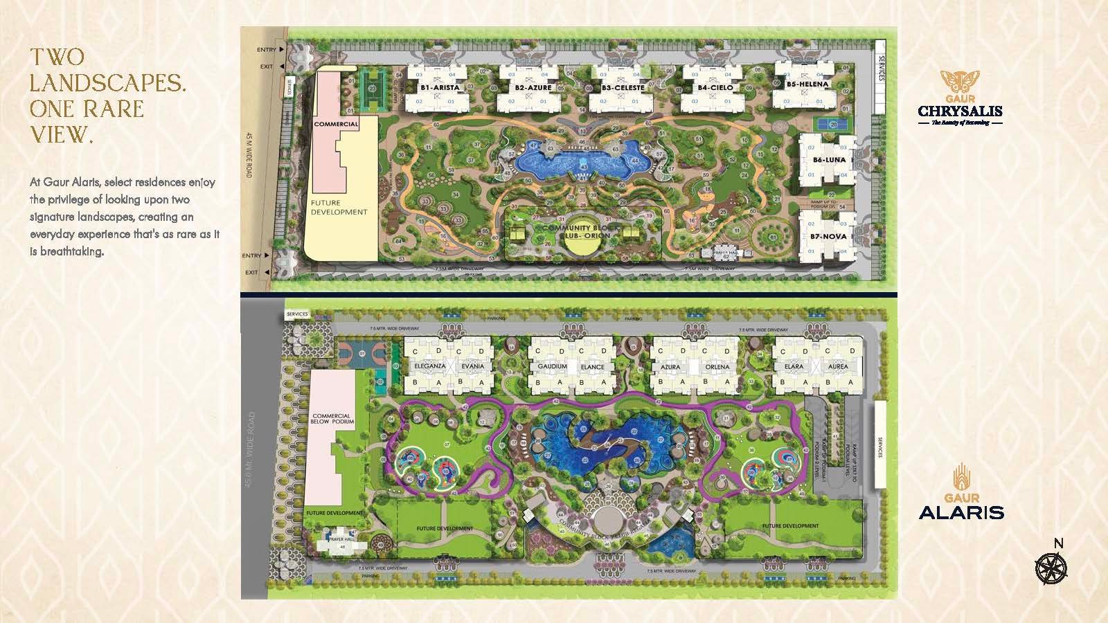 Bird’s-eye view map of a two-tier residential community showing labeled blocks, gardens, and a central water feature with future development areas.