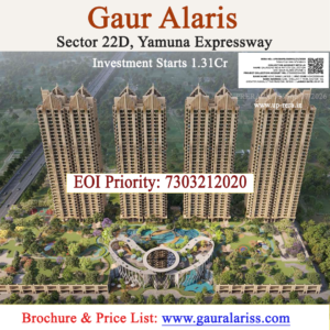 Aerial view of four beige residential towers with lush gardens and a circular pavilion, overlaid with text advertising Gaur Alaris investment starts 1.31 Cr and EOI Priority: 7303212020 at the center and a website link at the bottom of the image.