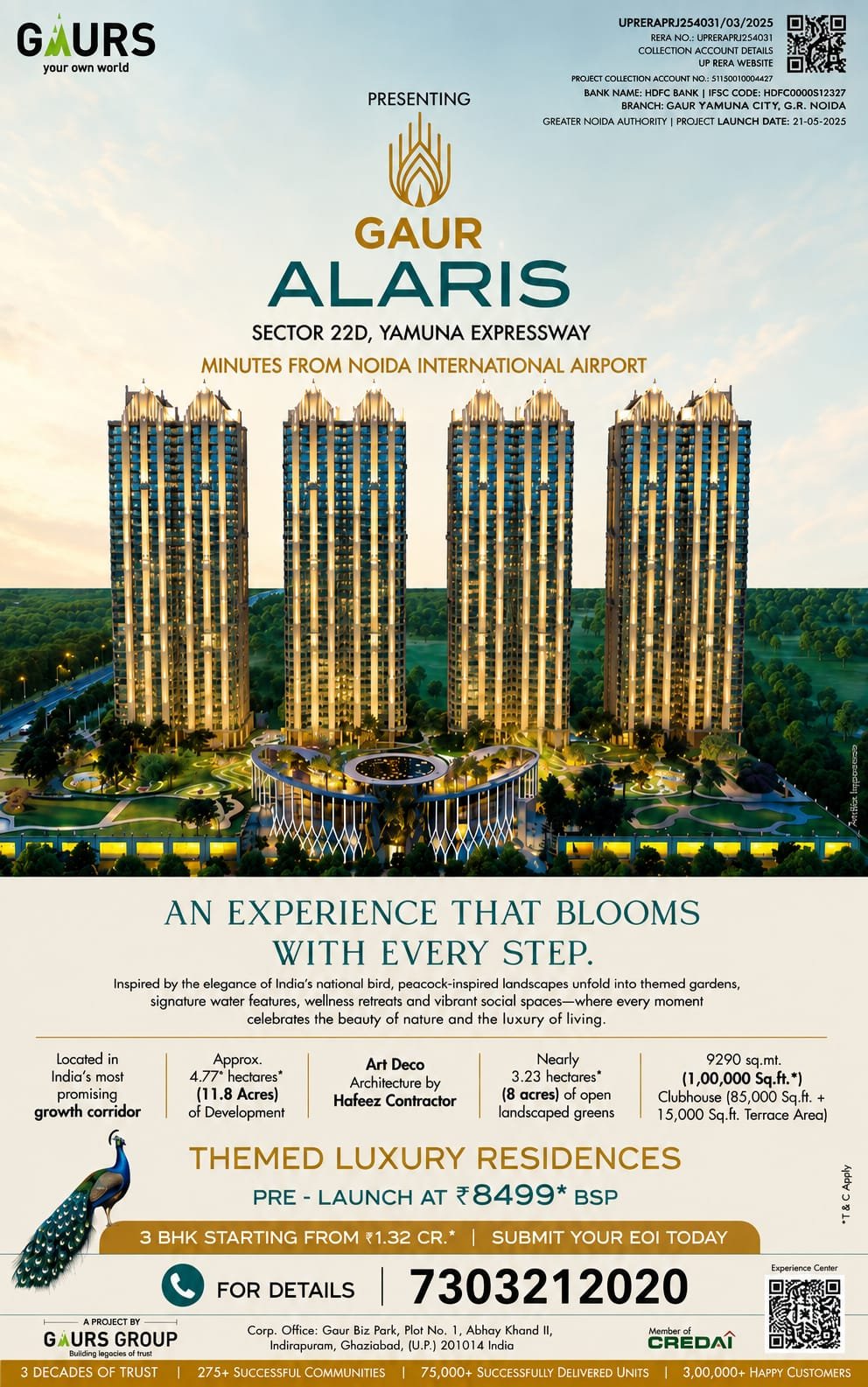 Promotional poster for GAUR ALARIS luxury residences featuring four illuminated skyscrapers and a landscaped podium.